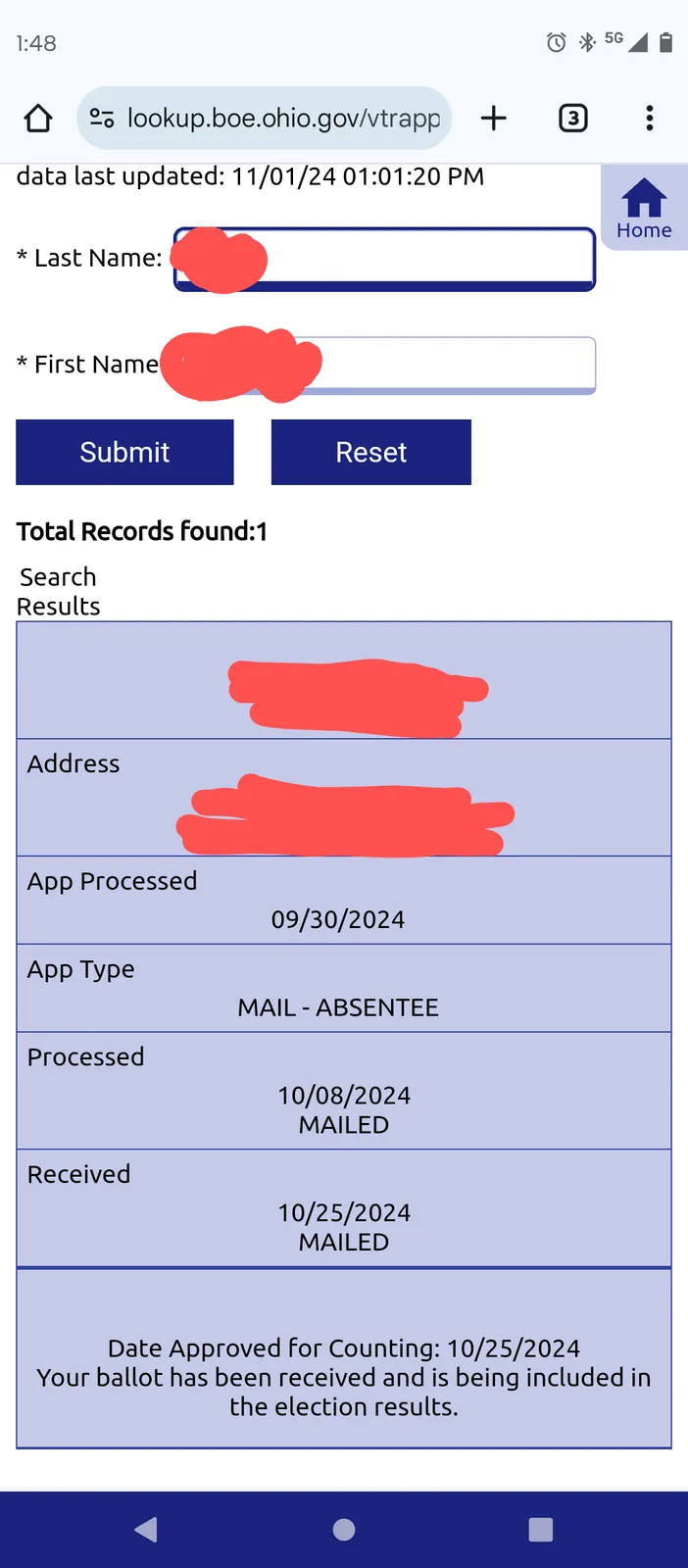 A screenshot of an Ohio ballot lookup website showing a single search result for an absentee ballot application. The user's…