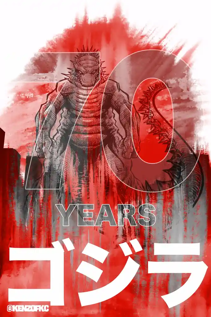 A stylized illustration of the monster Godzilla standing over a cityscape, overlaid with a large '70' and the text 'YEARS'…