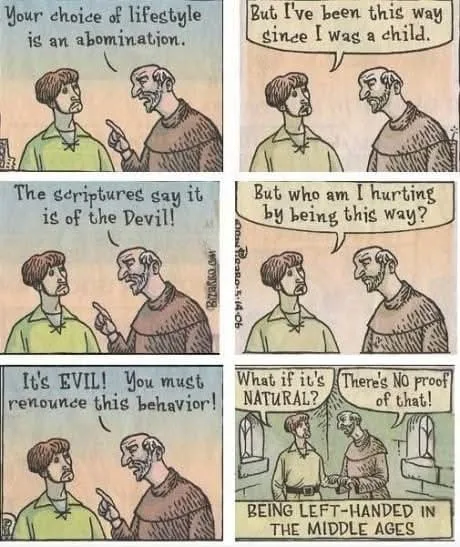 A six-panel comic strip depicts a man arguing with a religious figure about being left-handed. The religious figure condemns…