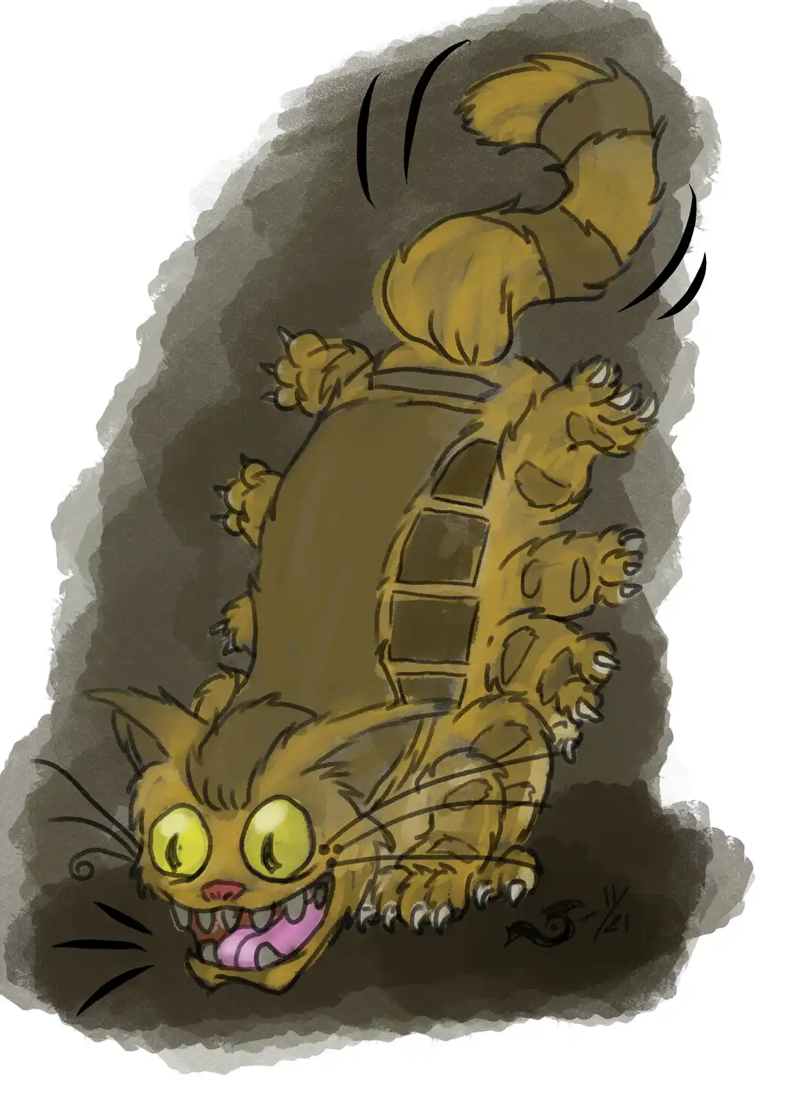 A cartoonish, yellow-furred cat with wide, glowing yellow eyes and a menacing grin is depicted with multiple limbs and a…