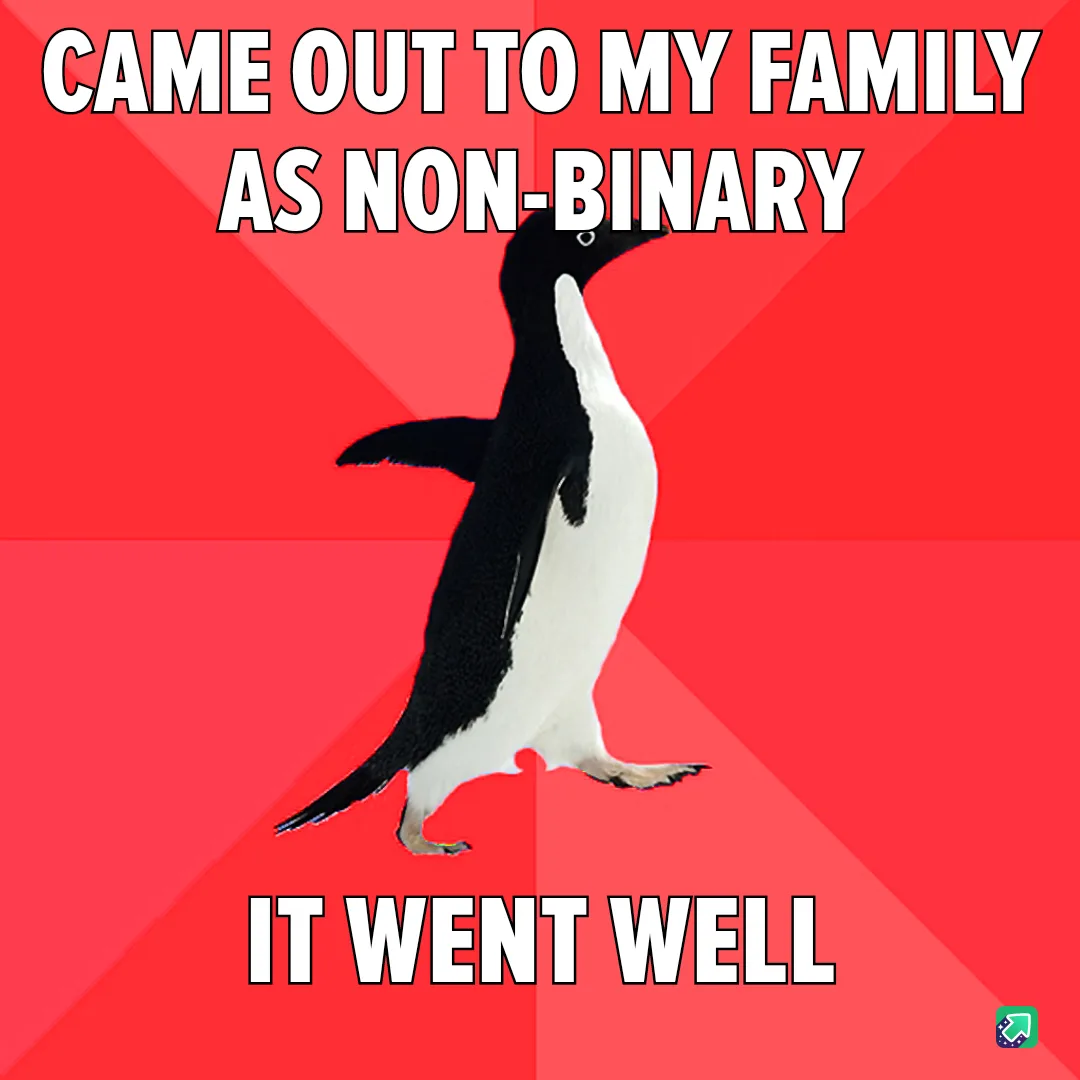 A black-and-white penguin stands upright against a red background with diagonal stripes. The text at the top reads 'CAME OUT…