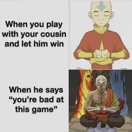 The image is a two-panel meme featuring the animated character Aang from 'Avatar: The Last Airbender'. The top panel shows a…
