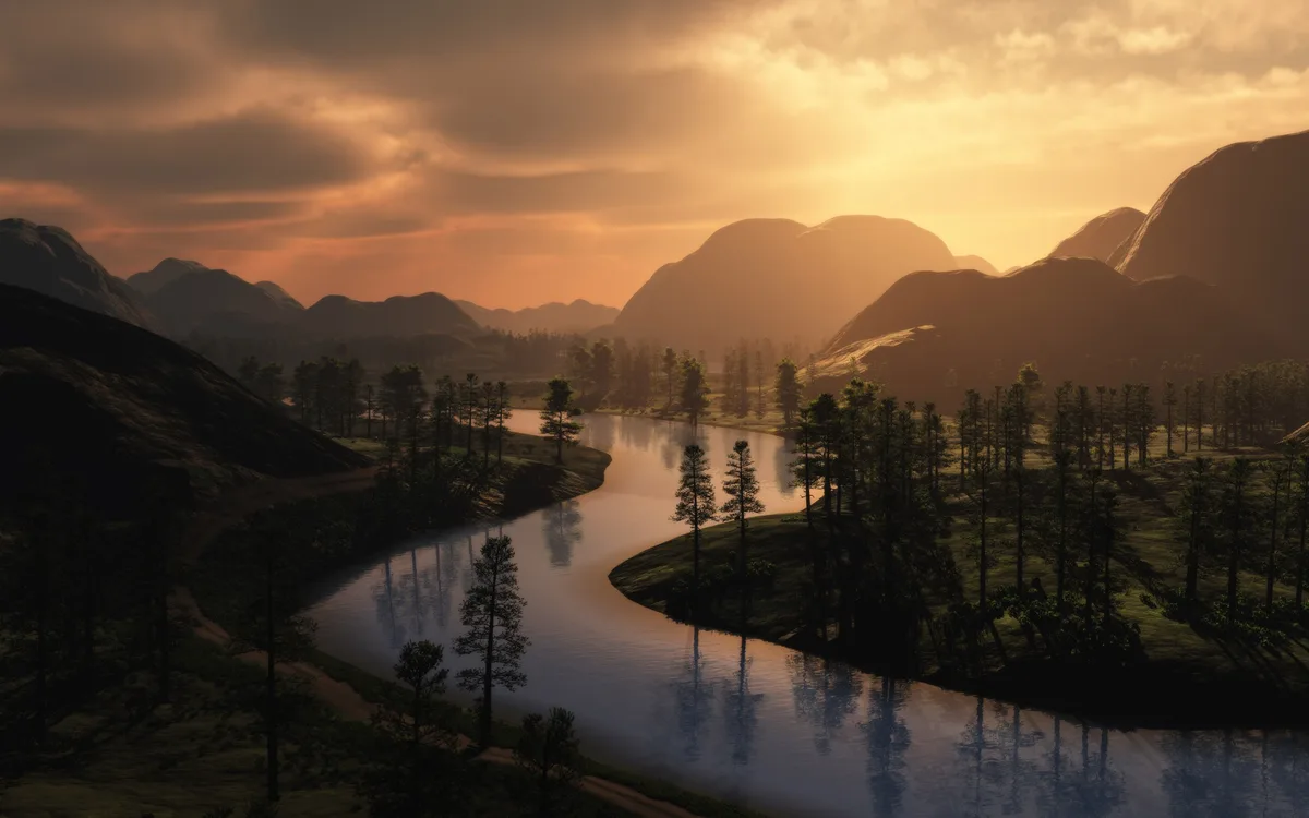 A serene, computer-generated landscape featuring a winding river reflecting a golden-orange sunset, surrounded by rolling…