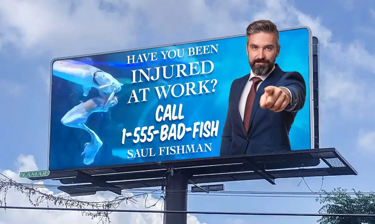 A large billboard features a man in a suit pointing directly at the viewer, set against a blue background with images of…