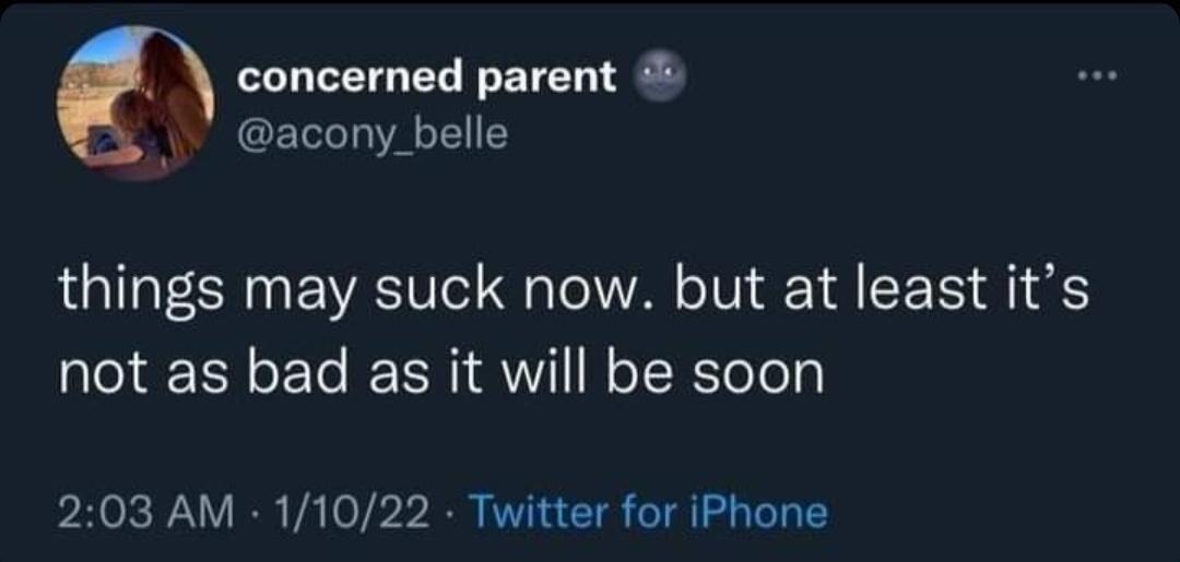 A screenshot of a tweet from a user named 'concerned parent' (@acony_belle) with a profile picture of a woman and child. The…