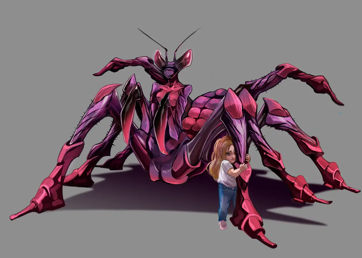 A small girl with blonde hair, wearing a white shirt and blue jeans, clings to the leg of a massive, menacing pink and…