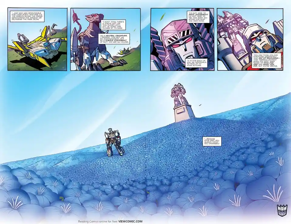 A comic panel from Transformers shows a robot standing in a field of blue flowers, looking up at a statue of another robot…