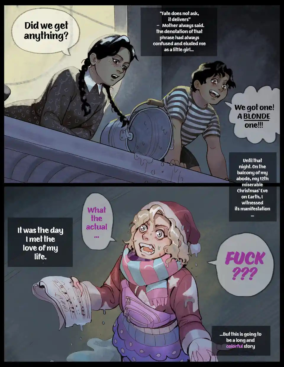 A two-panel comic depicts a young girl and boy excitedly looking into a bucket, exclaiming they got a blonde one, which…