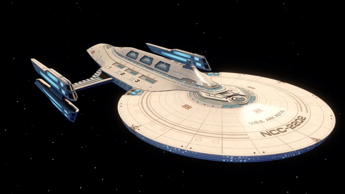 A detailed rendering of a Starfleet starship, identified as the U.S.S. Ark Royal NCC-2202, floating in space against a…