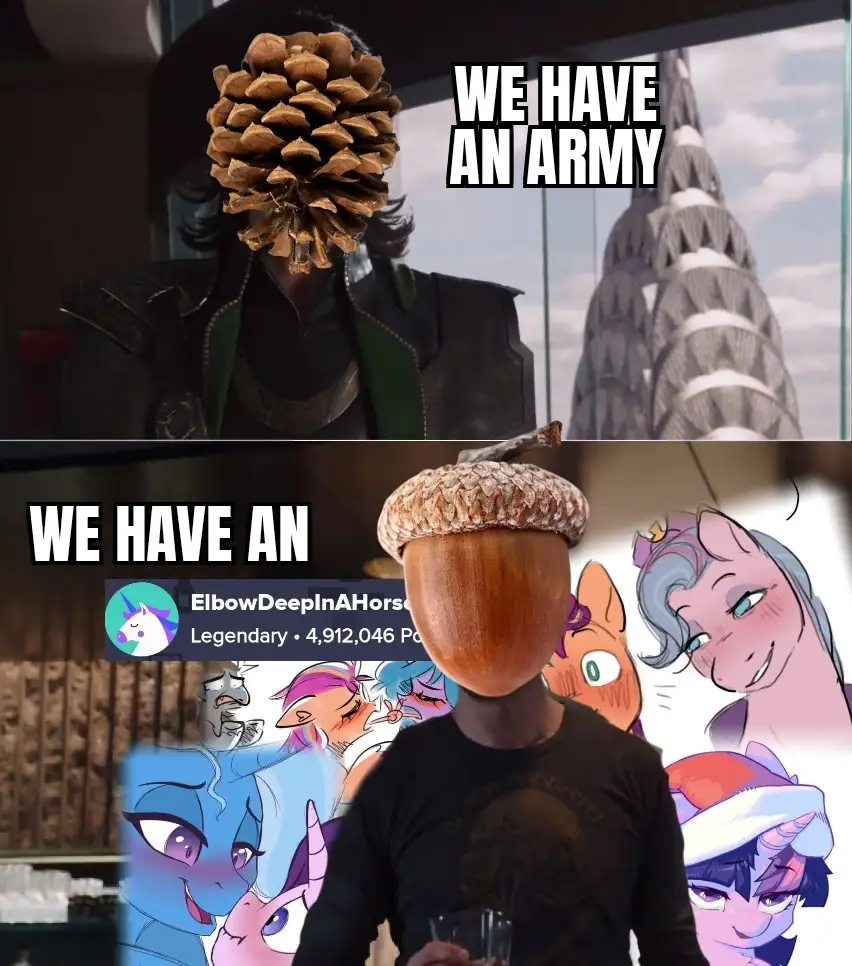 Top panel shows a character with a pinecone for a head, standing in front of a skyscraper, with the text 'WE HAVE AN ARMY'…