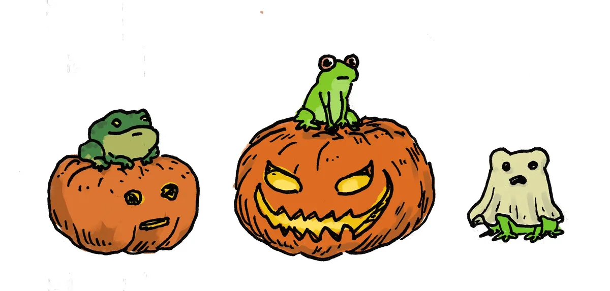Three cartoon frogs are shown: one on a small, uncarved pumpkin with a neutral face, one on a large, menacing…