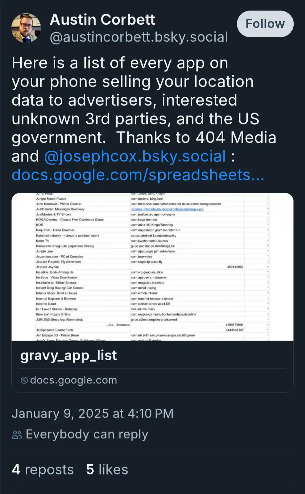 A screenshot of a social media post by Austin Corbett showing a Google Sheets document titled 'gravy_app_list' that lists…