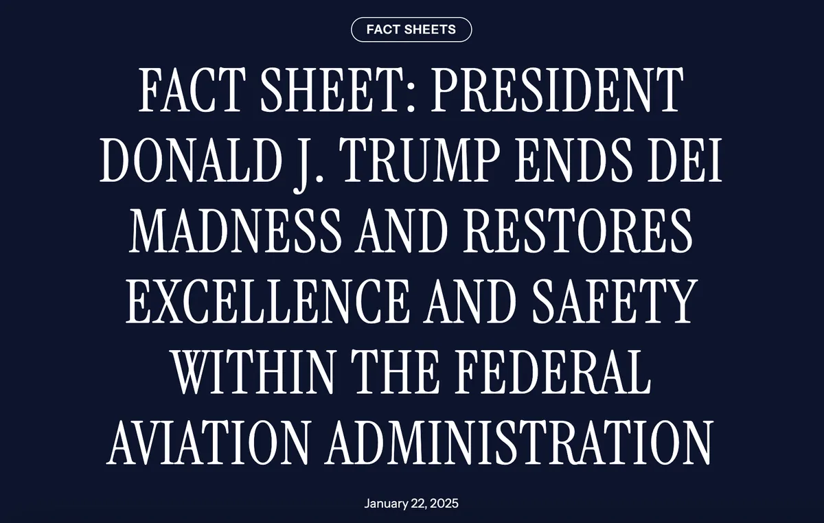The image displays a dark blue background with large white text mimicking a formal government fact sheet. The text reads…