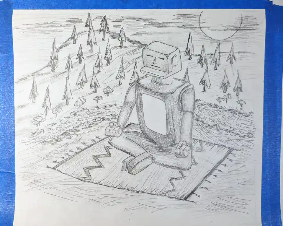 A pencil sketch depicts a blocky, box-headed robot sitting cross-legged on a patterned rug in a forest clearing under a…
