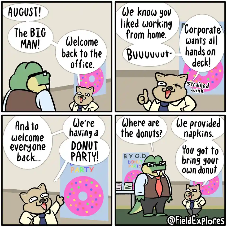 A four-panel comic strip featuring cartoon animals in an office setting. A cat in a suit welcomes a returning employee…