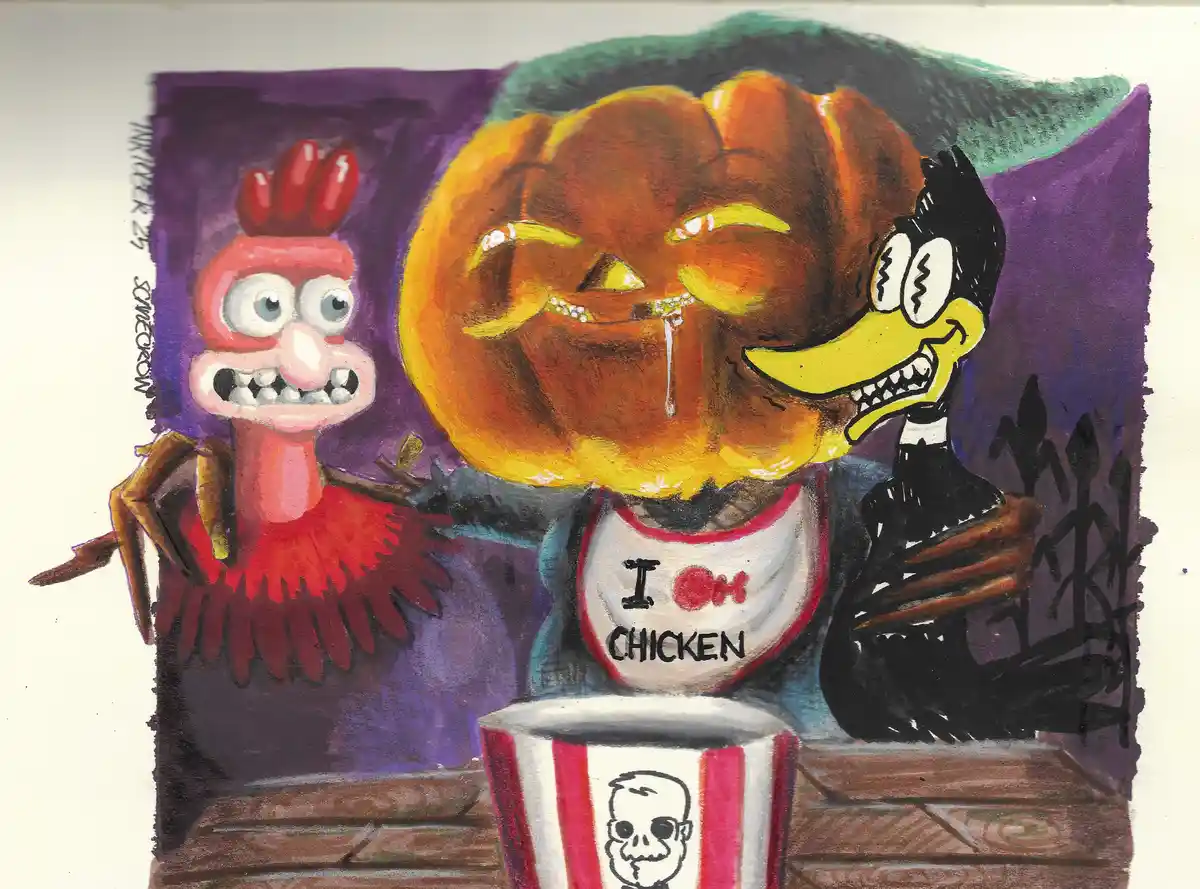 A cartoonish, anthropomorphic pumpkin wearing a bib that says 'I ❤️ CHICKEN' is seated on a wooden bench, laughing…