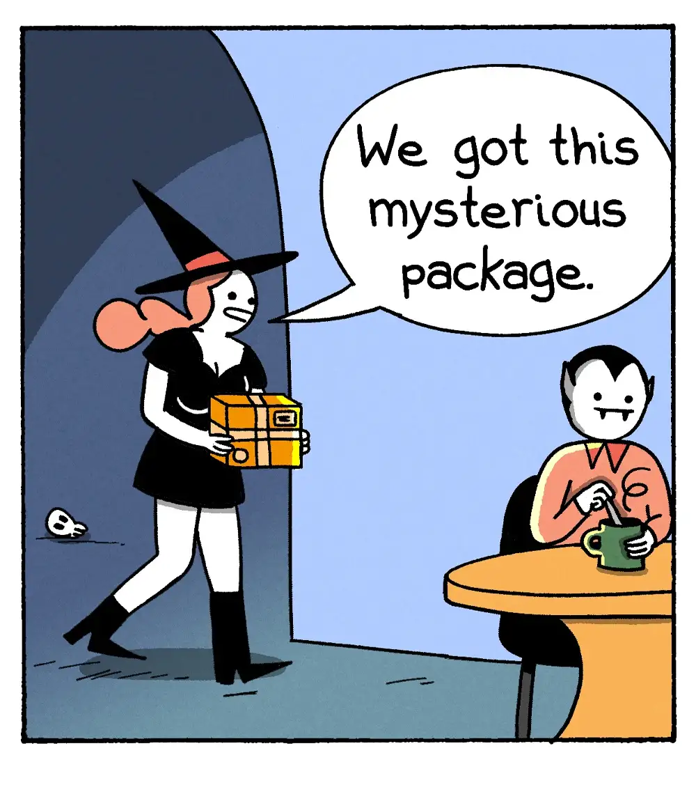 A cartoon witch in a black dress and hat enters a room holding an orange cardboard package, announcing to a seated vampire…