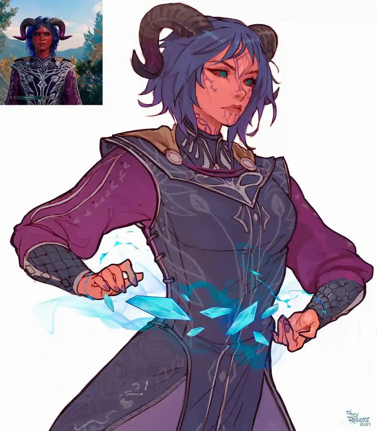 The image displays a fan art illustration of a female character with blue hair and large curved horns, wearing ornate purple…