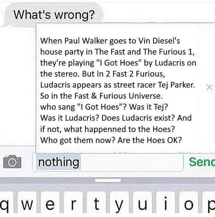 A screenshot of a text message conversation where the recipient asks 'What's wrong?' and the sender replies with a long…