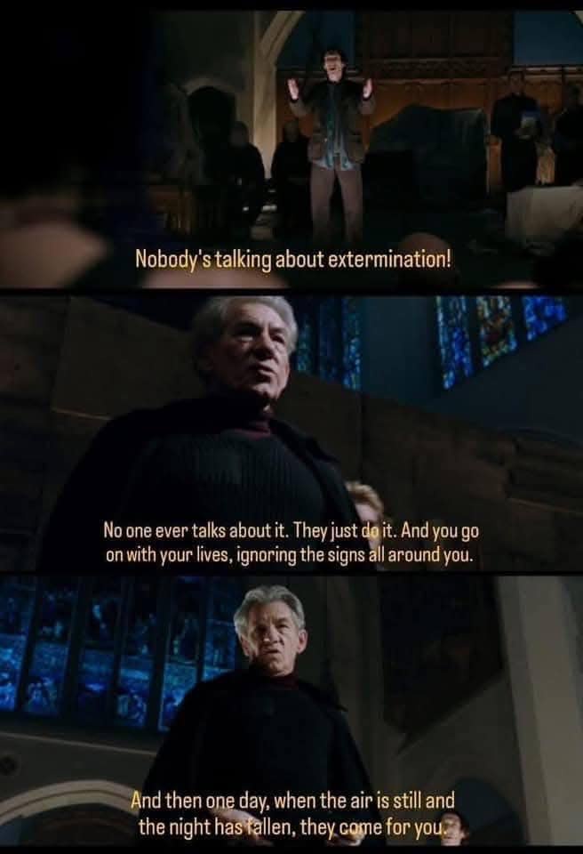 A three-panel meme from the movie 'The Village' featuring actor Tom Hanks. In the top panel, he stands in a church-like…