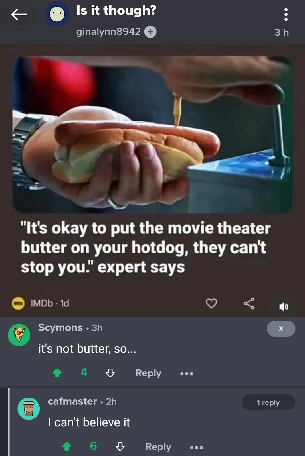 A screenshot of a social media post showing a person holding a hotdog while a yellow substance, labeled as 'movie theater…