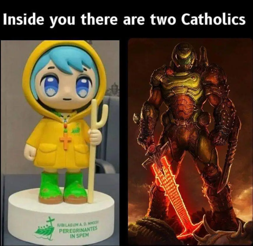 The image is split into two panels. The left panel shows a small, cute figurine of a child in a yellow raincoat with a cross…