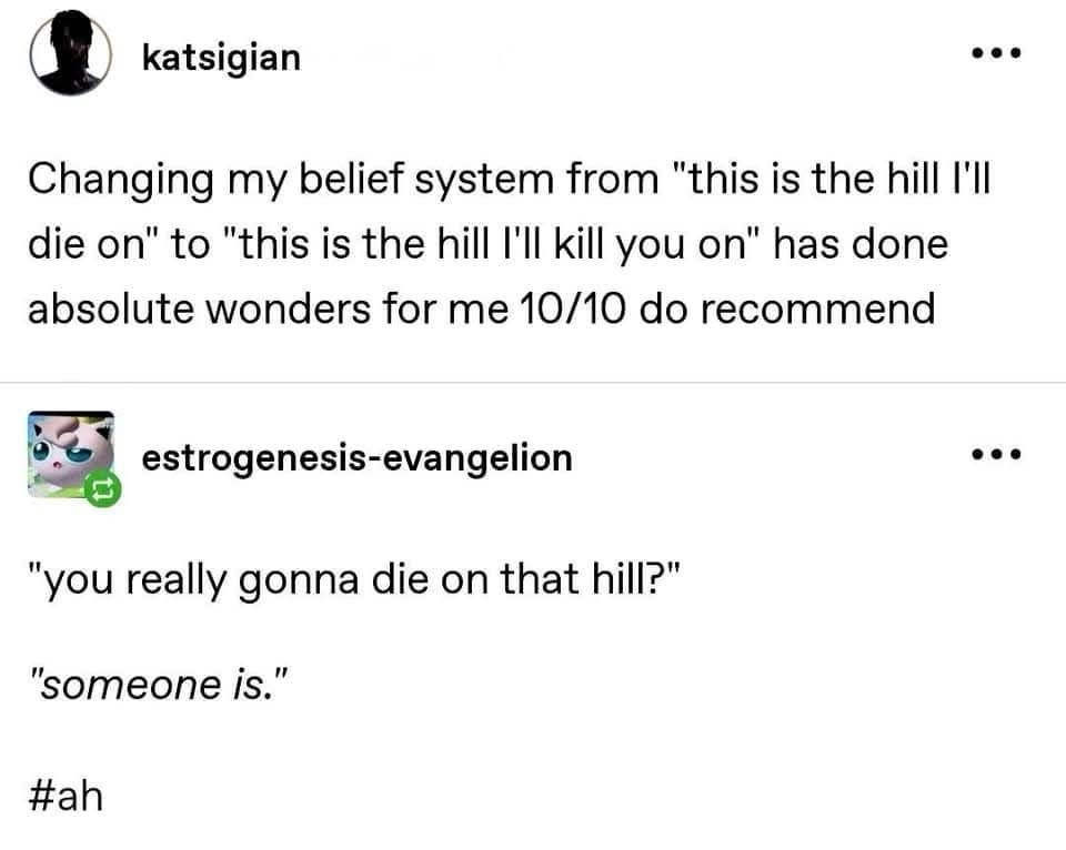 A screenshot of a social media comment thread shows a user named katsigian posting a joke about changing their belief system…