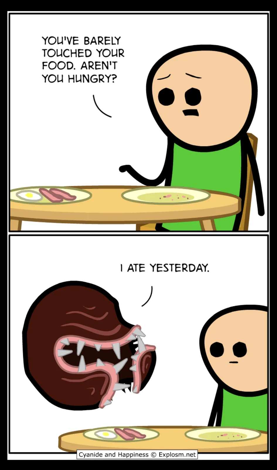 A two-panel comic shows a bald stick figure in a green shirt sitting at a table with breakfast food. In the first panel, the…