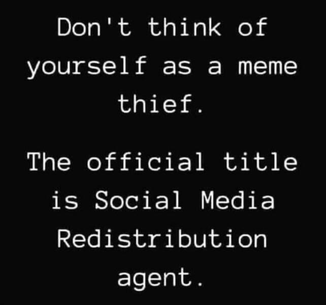 A black background with white text that reads: 'Don't think of yourself as a meme thief. The official title is Social Media…