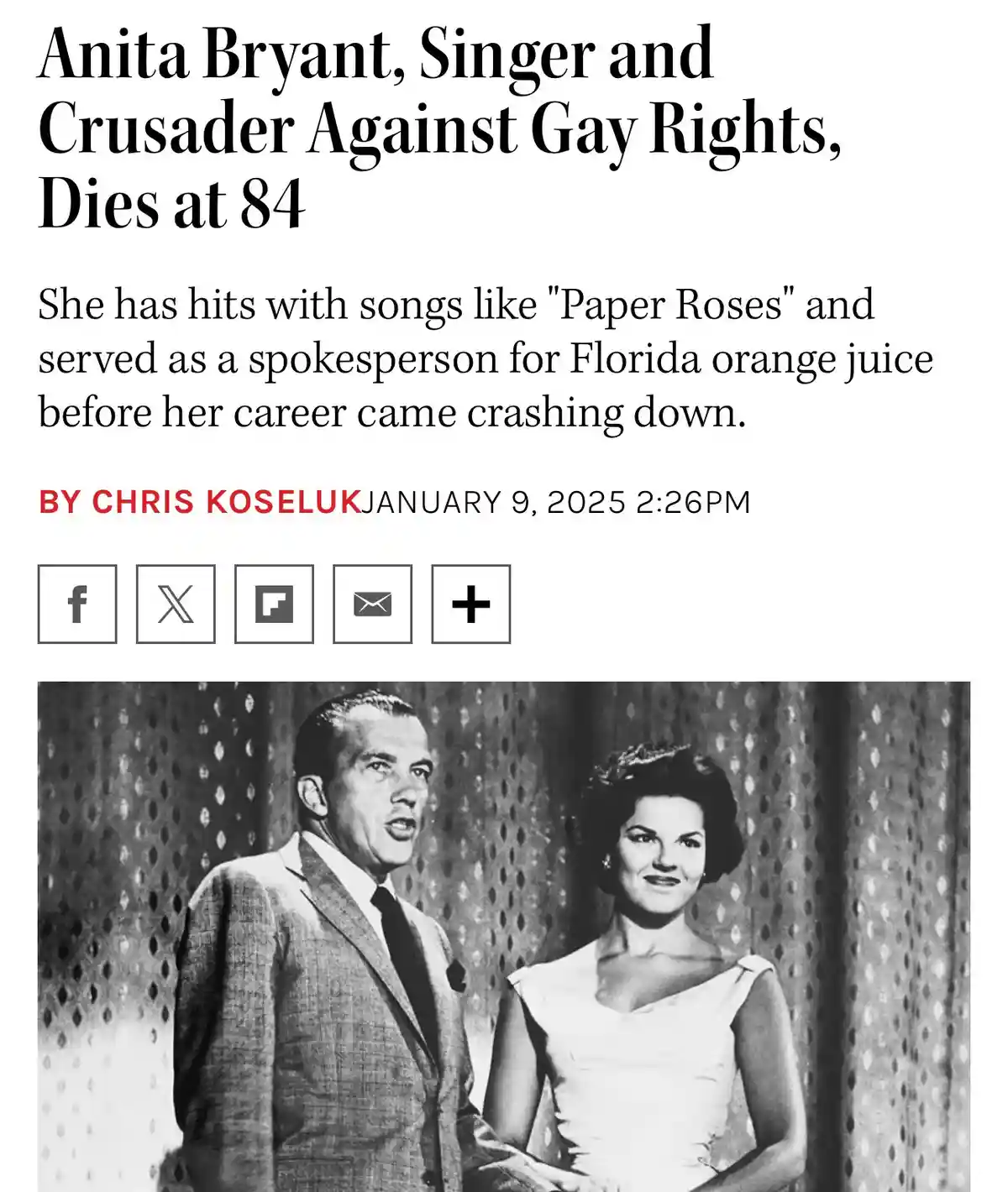 A black-and-white newspaper article clipping shows a photo of Anita Bryant and a man, with the headline 'Anita Bryant…