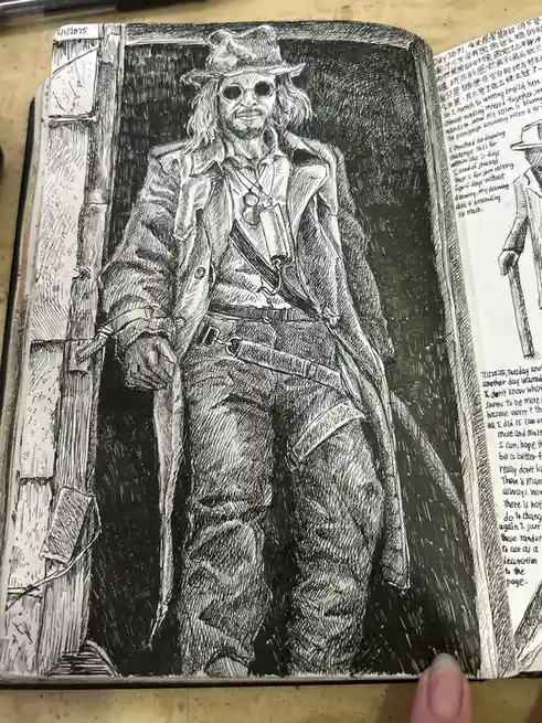 A black-and-white ink drawing in a sketchbook depicts a man with long hair, a fedora, and round sunglasses, wearing a trench…