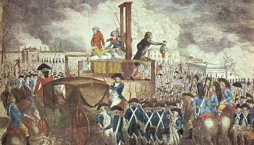 A historical painting depicts a public execution by guillotine, with a crowd and soldiers surrounding the device. Overlaid…