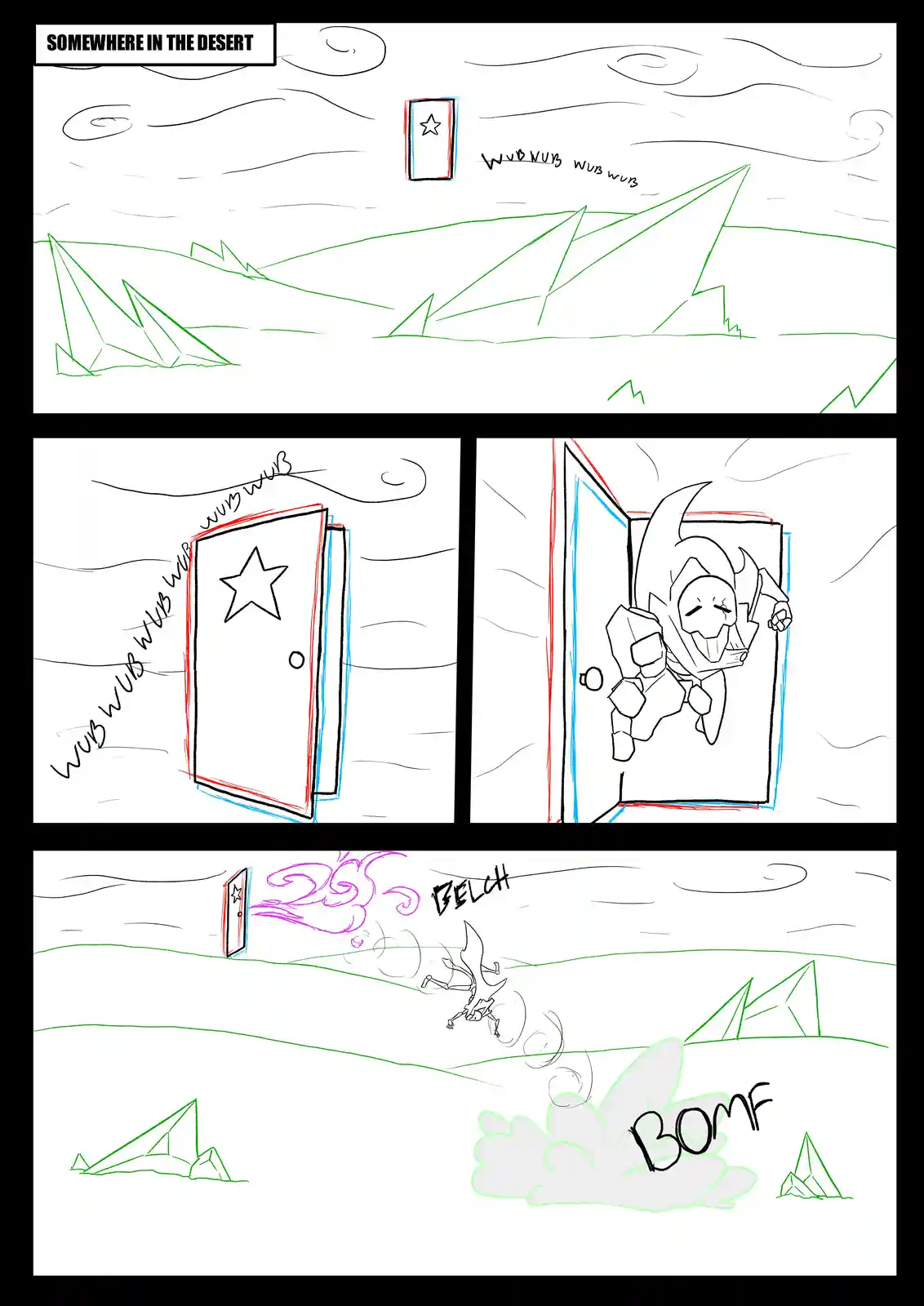 A three-panel comic strip shows a door with a star in a desert, which opens to reveal a character in armor. The character…