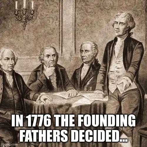 A sepia-toned historical illustration depicts four men in 18th-century formal attire seated around a table, with one…