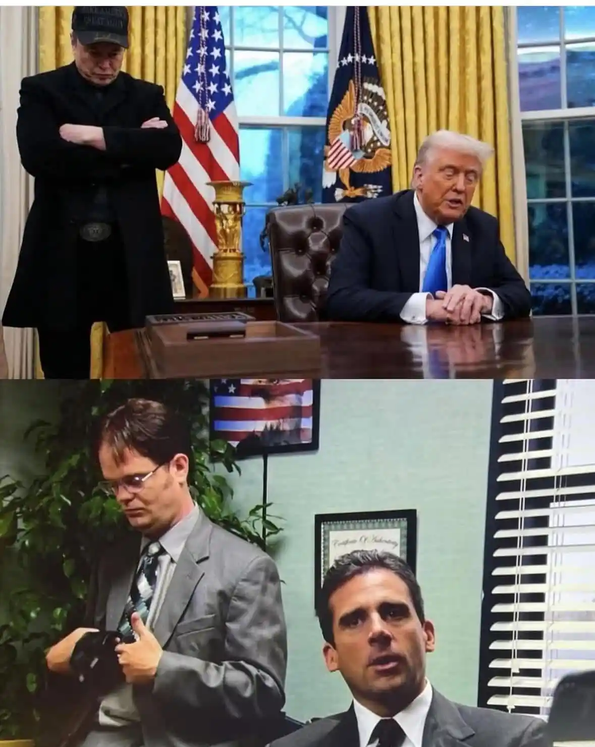 The top panel shows Donald Trump seated at a desk in the Oval Office, looking forward, while a man in a black coat and 'Make…