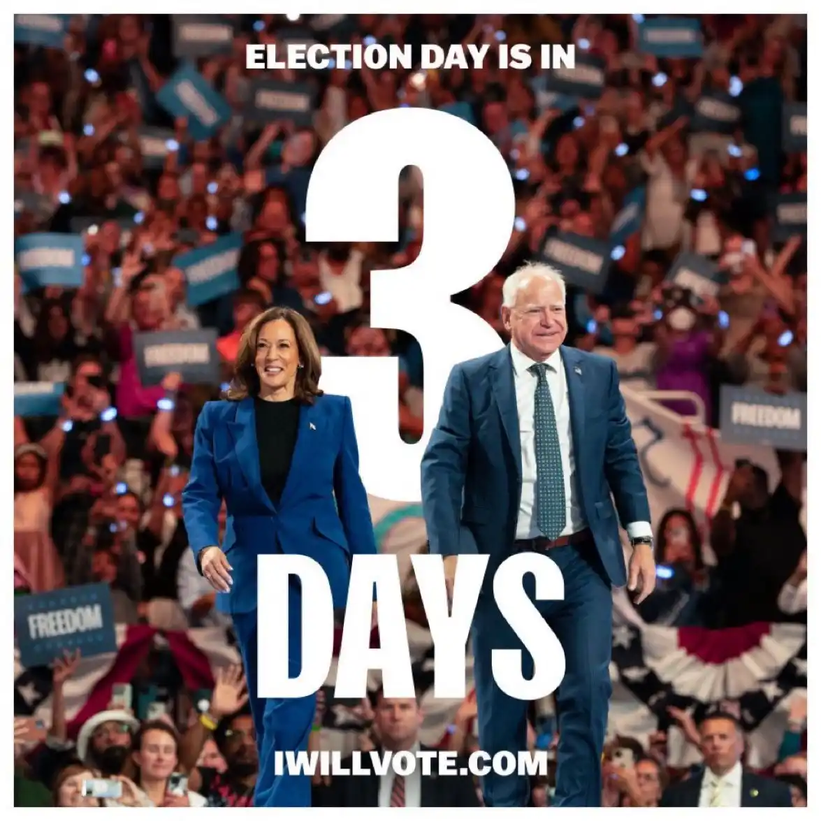 Two political figures walk side-by-side through a cheering crowd holding signs. Large white text overlays the image, reading…