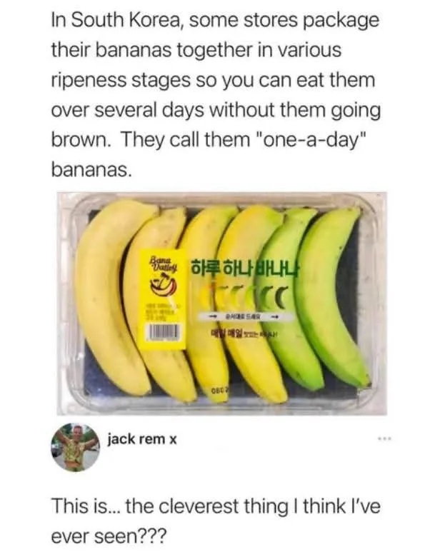 A plastic tray of bananas arranged in a gradient from fully yellow to green, with a yellow label reading 'Bana Valley' and…