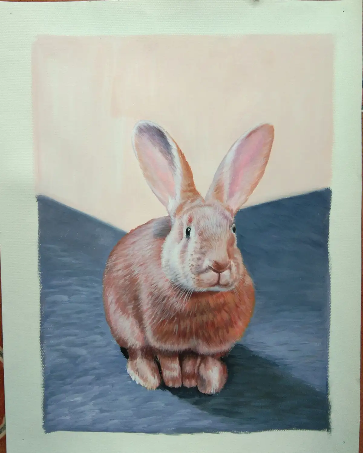 A realistic painting of a brown rabbit sitting upright on a blue surface against a pale background, with the overlaid text…