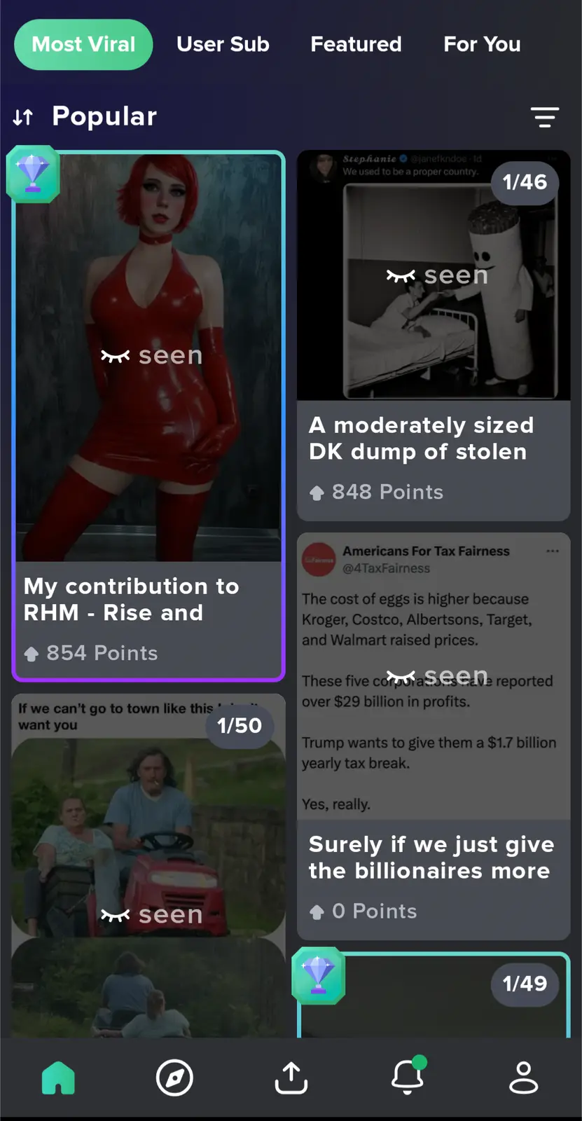 A screenshot of a social media feed showing multiple posts, each overlaid with the word 'seen' preceded by a closed-eye…