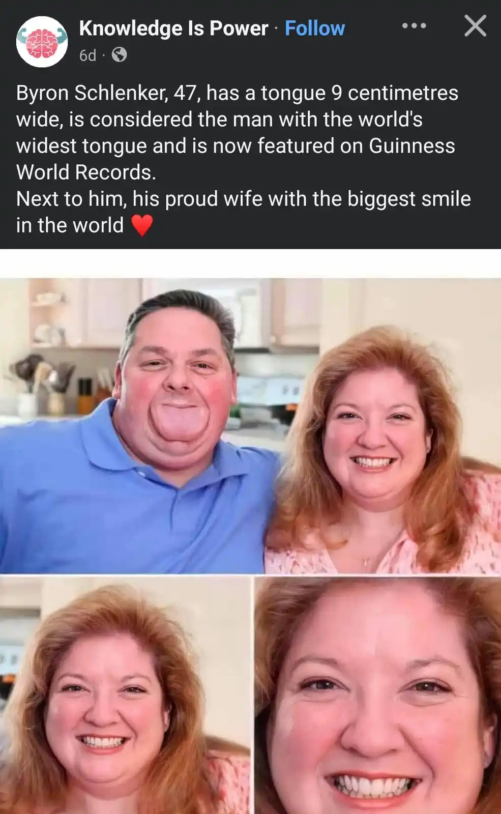 A man with an extremely wide tongue, identified as Byron Schlenker, is shown next to his wife in a kitchen setting. The text…