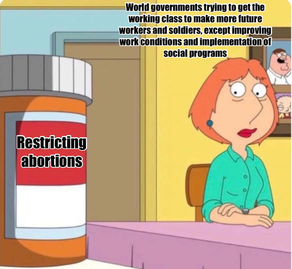 A cartoon image shows a large prescription bottle labeled 'Restricting abortions' next to a woman with a skeptical…