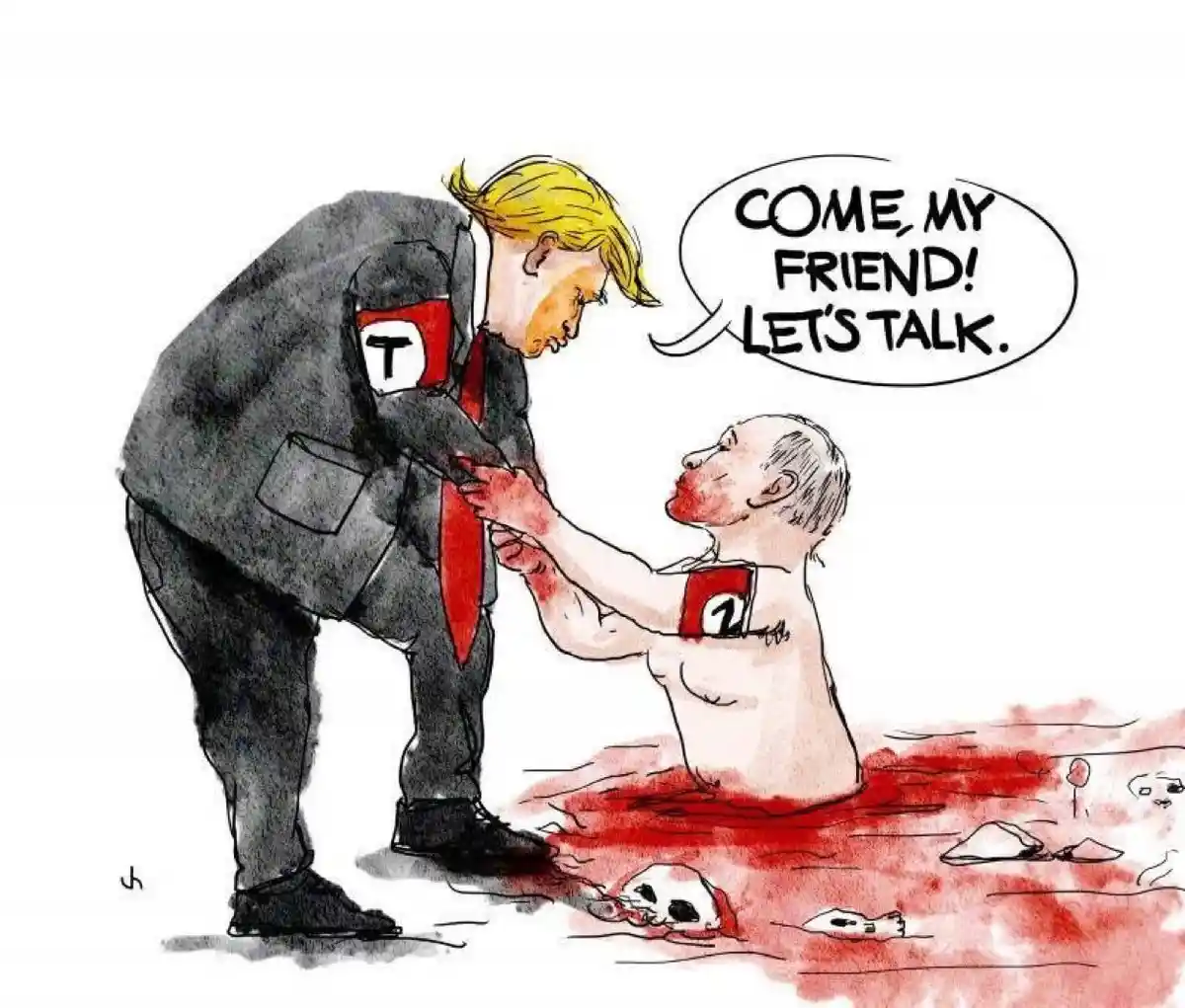 A cartoon depicts a man with blonde hair and a suit (resembling Donald Trump) extending a hand to another man (resembling…