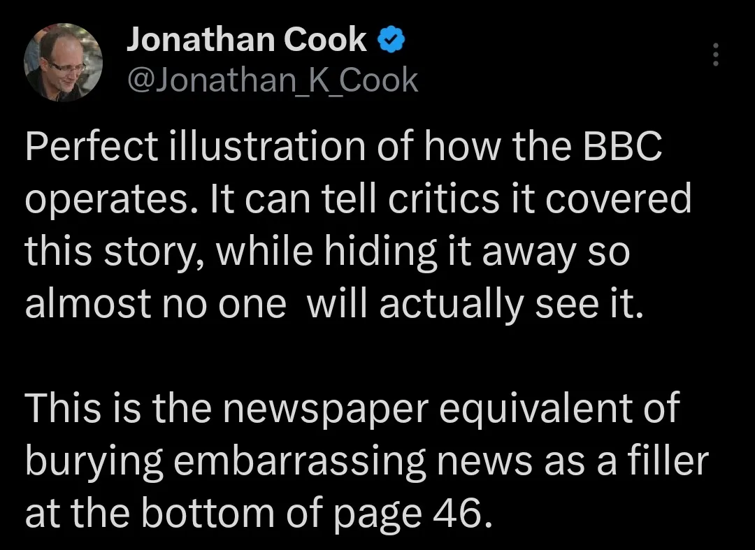 A screenshot of a tweet by Jonathan Cook (@Jonathan_K_Cook) with a black background and white text. The tweet criticizes the…