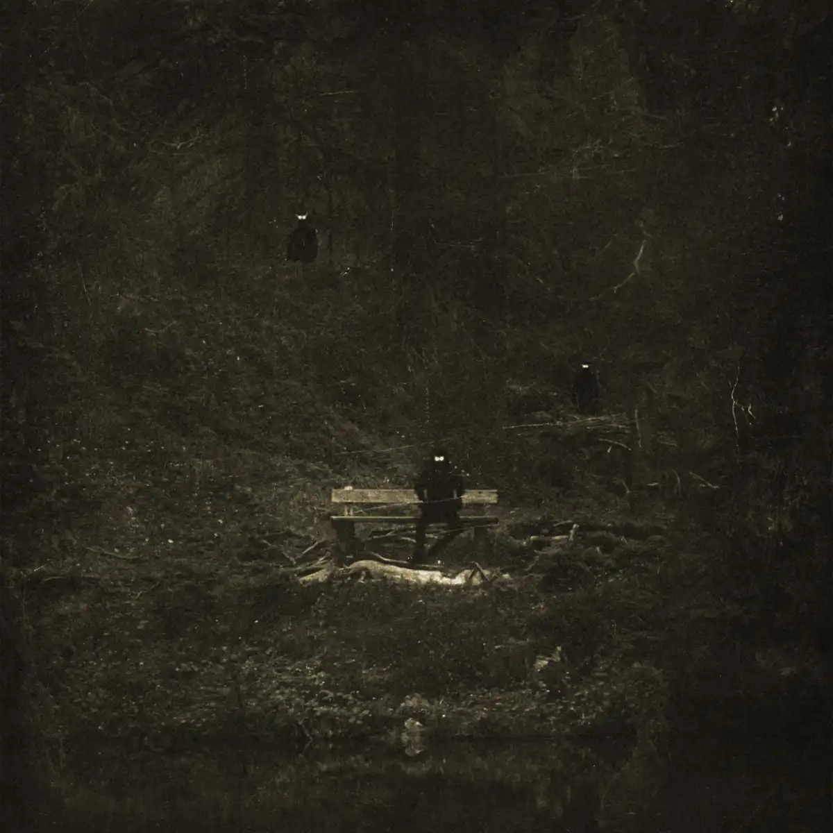 A grainy, sepia-toned photo shows a dark, eerie forest scene with a person sitting on a bench, their eyes glowing white. Two…