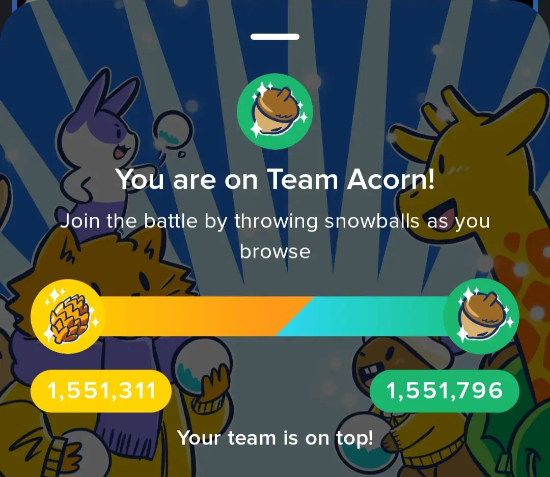 A screenshot from a mobile game interface showing a team battle between 'Team Acorn' and 'Team Pinecone', with scores of…