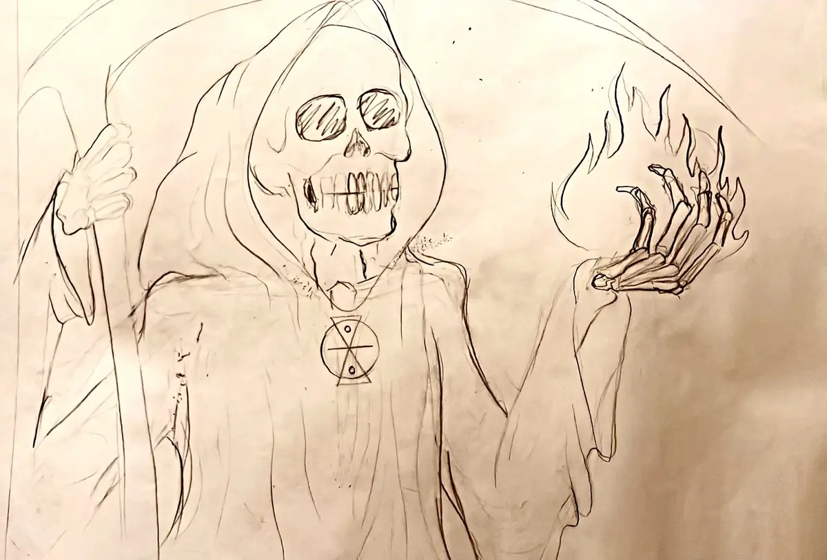 A hand-drawn sketch depicts a skeletal figure wearing a hooded robe, holding a scythe in one hand and a flaming hand in the…