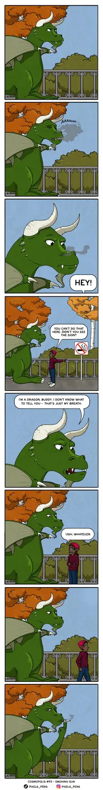 A green cartoon dragon with white horns and wings sits on a bridge railing, smoking a cigarette and exhaling smoke. A…