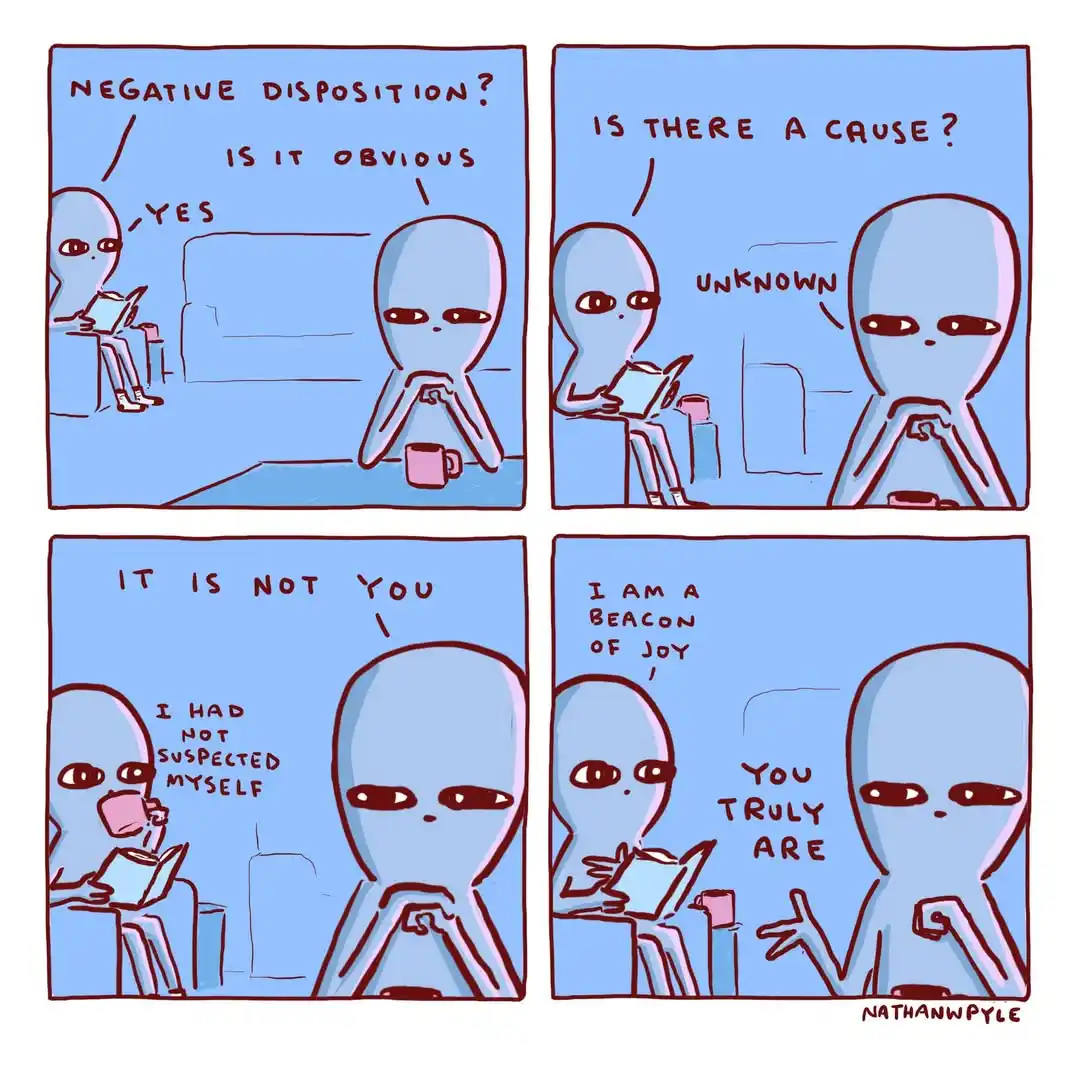 A four-panel comic featuring two blue-skinned aliens. One alien, holding a book, asks if the other has a negative…