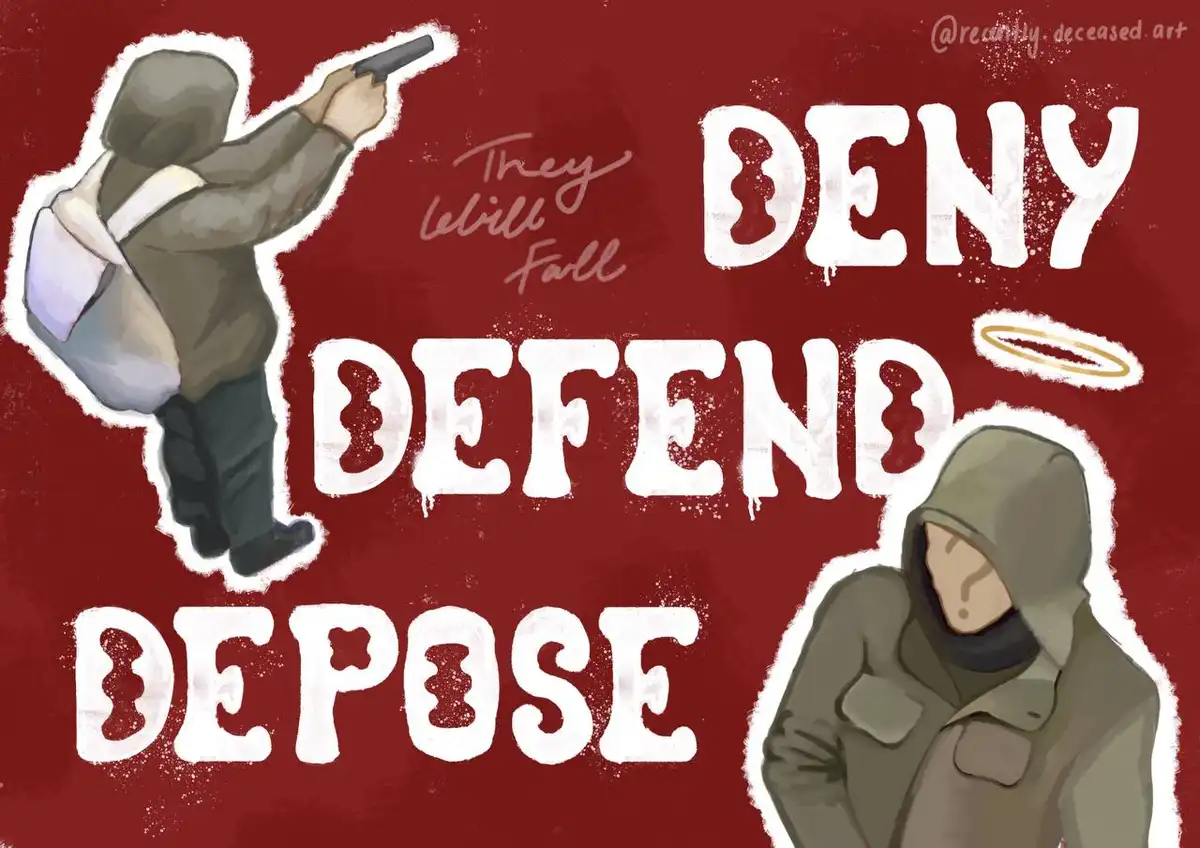 An illustration shows two hooded figures against a red background. One figure on the left aims a pistol, while the other on…