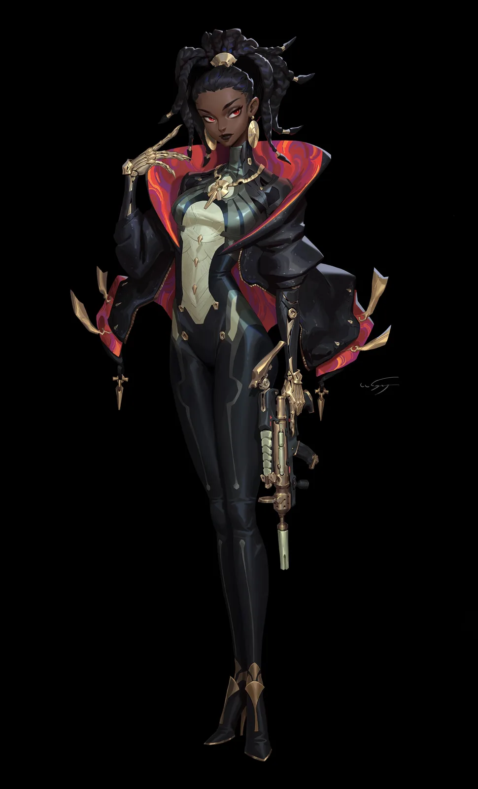 A full-body illustration of a dark-skinned female character with red eyes and braided hair, wearing a black and gold outfit…